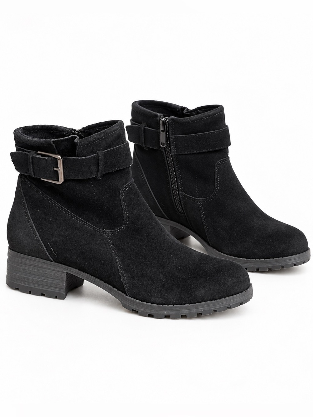 Clarks Black Suede Ankle Boots Buckle Zip Low Heel Lug Sole Women’s 9.5